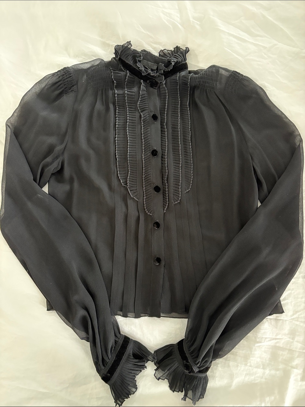 Anna Sui Black Sheer Ruffled High-Neck Blouse Size 4